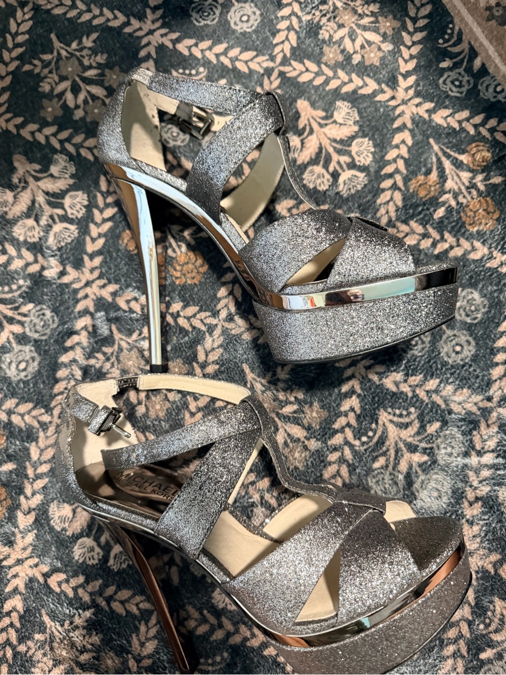 Michael Kors Silver Glitter Platform Strappy Heels